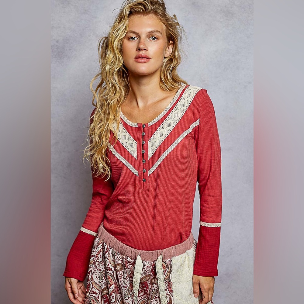 #477. Lola Crochet Henley - Raspberry Rose